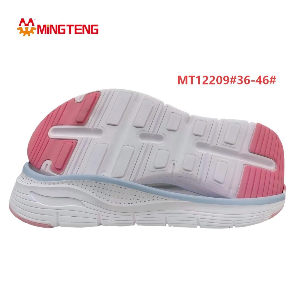 MT12209 Unisex White Pink Light Blue MD+TPR Composite Running Shoe Sole, Forefoot & Heel Vertical Stripe Pink TPR Tread Multi-Layer Wave Perforated Side Wall Sizes 36-46