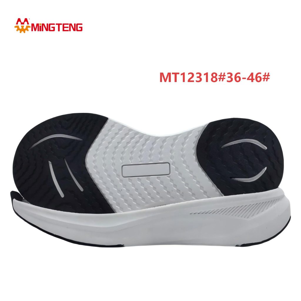 MT12318 Unisex White Black MD+RB Composite Running Shoe Sole, Forefoot & Heel Crescent Groove RB Tread Diamond Grid Midfoot Texture Slanted Fine Line Streamline Side Wall Sizes 36-46