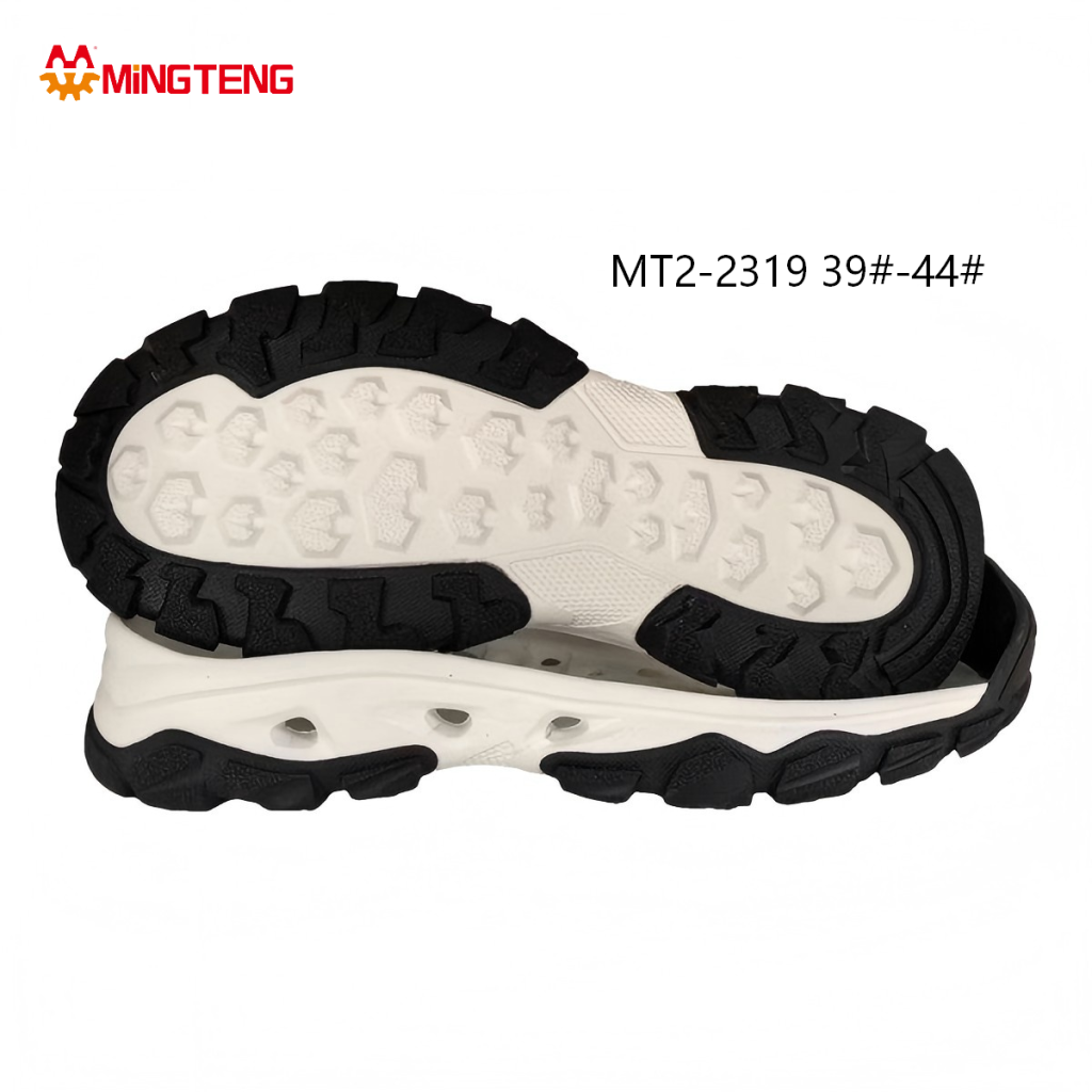 MT2-2319 Unisex White Black Two-Time MD In-Mold Press RB Outdoor Platform Shoe Sole, Perforated Breathable Hollow Side Wall Mixed Irregular Block Tread Wrapped Edge Deep Lugs Sizes 39-44