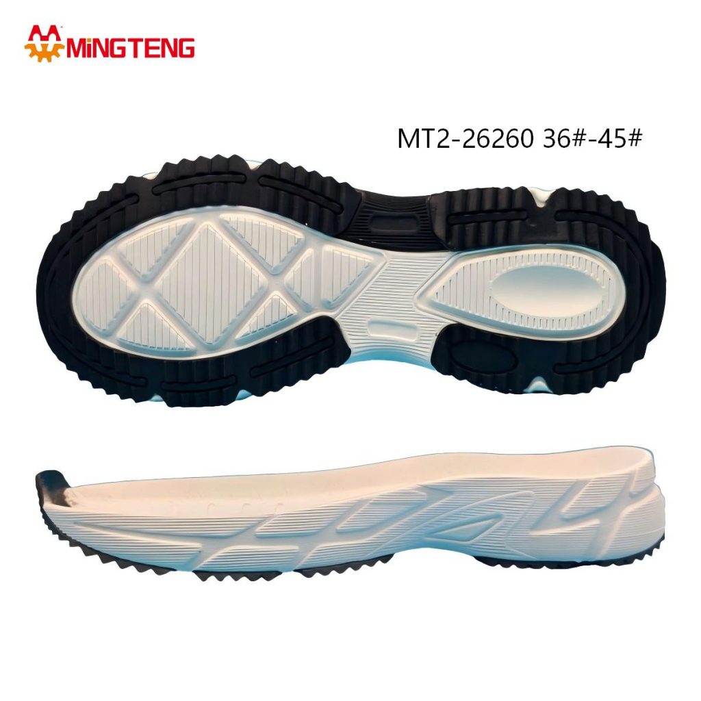 MT2-26260 Unisex White Black MD+TPR+TPU Composite Running Shoe Sole, Full Surround Serrated Edge TPR Tread Diamond Slant Groove Sculpted Side Wall Midfoot Hollow TPU Stabilizer Sizes 36-45