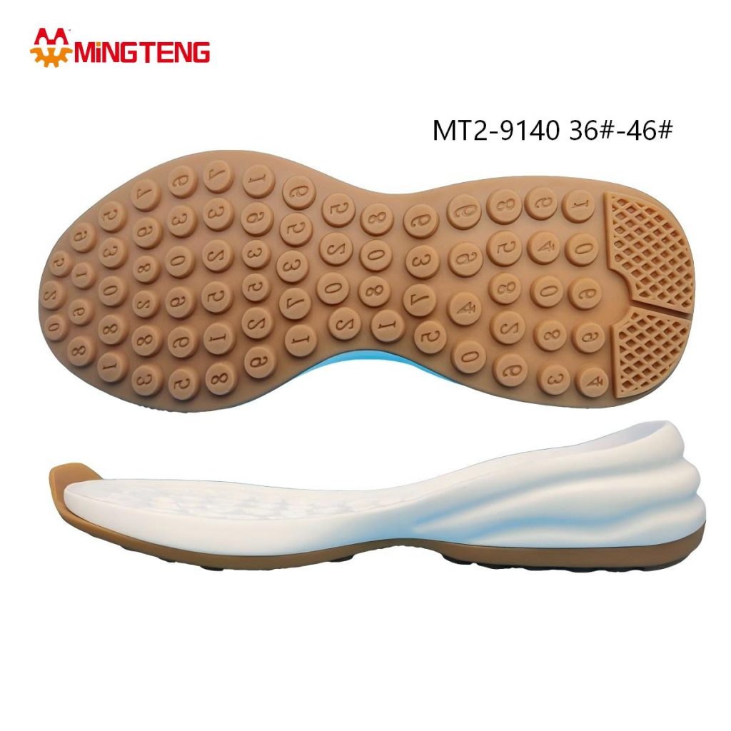 MT2-9140 Unisex Tan Rubber White Wavy EVA Casual Walking Shoe Sole, Multi-Layer Wave Curved Midsole Round Dot & Grid Dual Anti-Slip Rubber Outsole Sizes 36-46