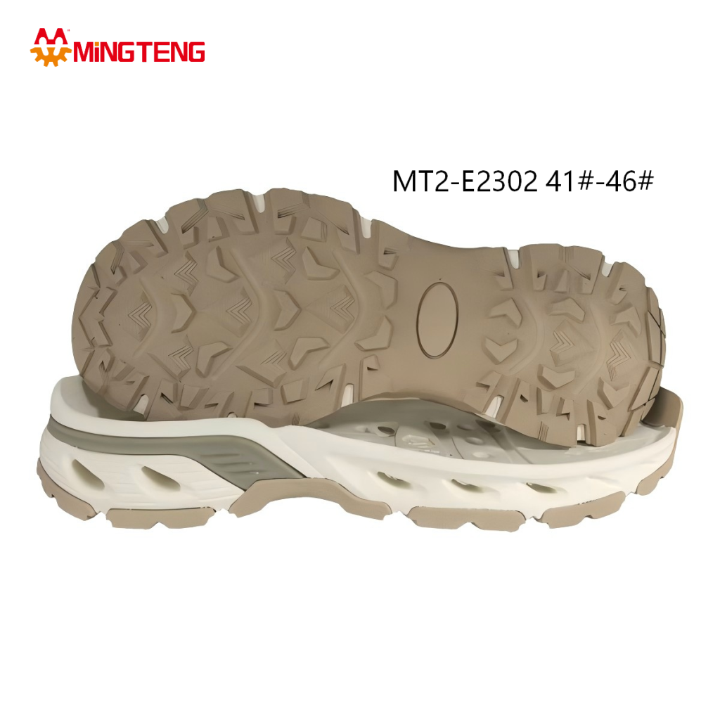 MT2-E2302 Men Khaki White Two-Tone EVA Composite Hollow Trail Running Shoe Sole, Arrow Deep Lug Rubber Outsole Hollow Cutout Side Wall Sizes 41-46